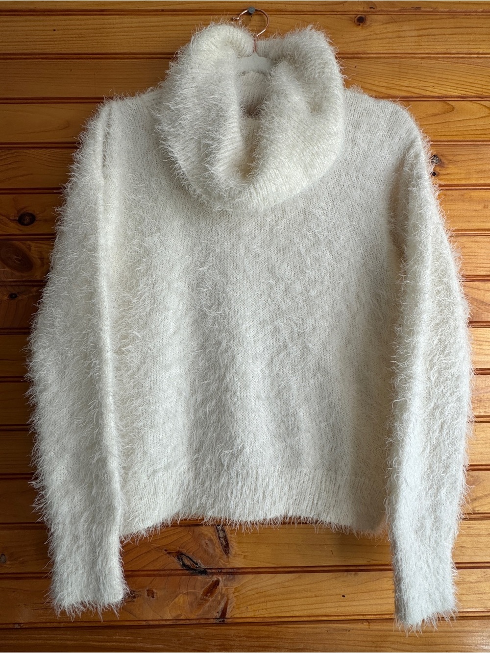 Fuzzy Eyelash Knit Turtleneck Sweater M Cream Y2K Cozy Oversized Pink Rose